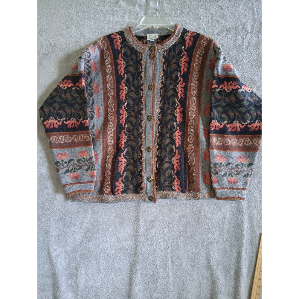 Buttercup Knitwear Cardigan L Gray Multi 100% Wool Floral UK Made Intarsia Folk